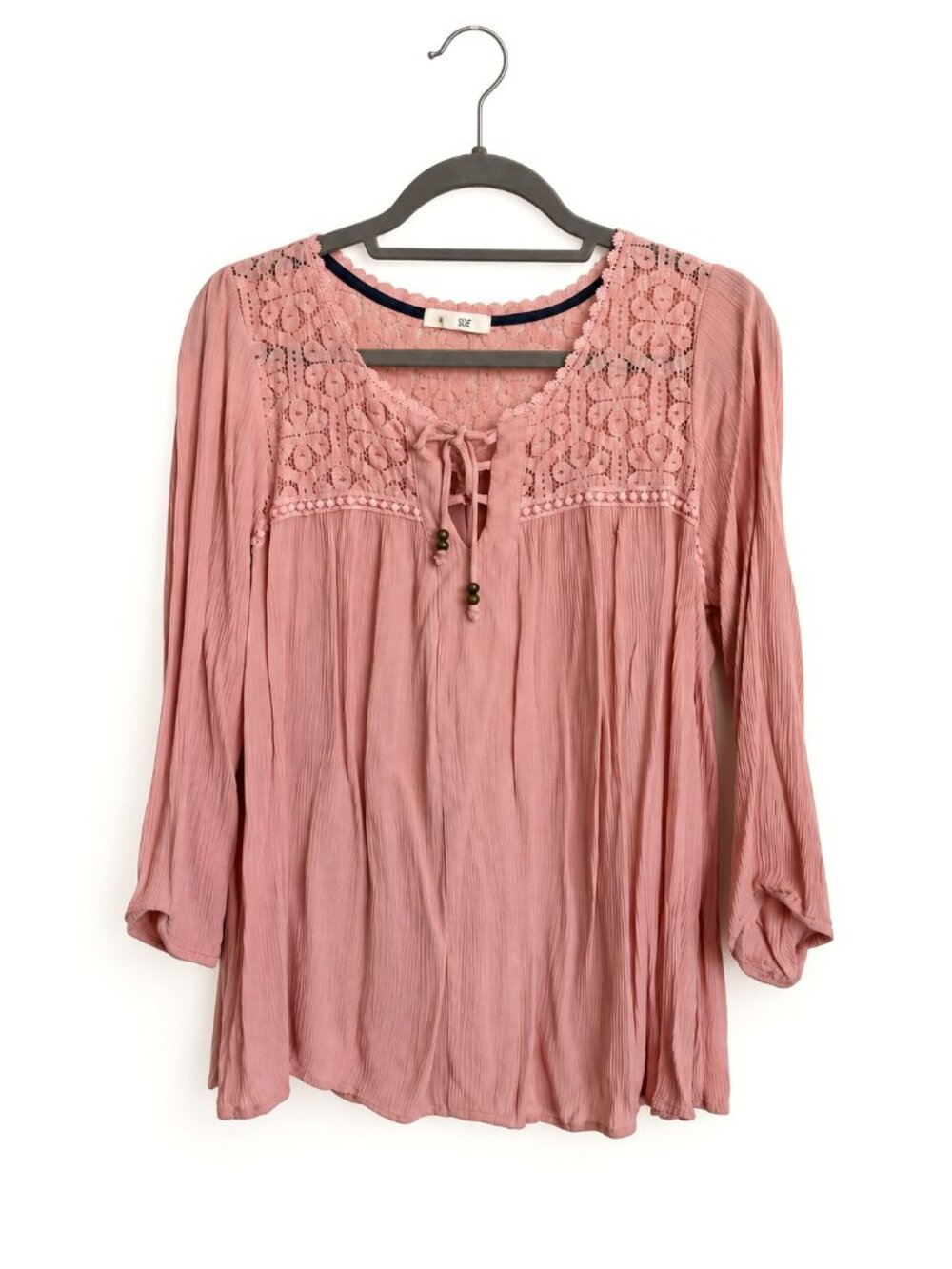 Taylor & Sage L Dusty Rose Lace Yoke Peasant Blouse